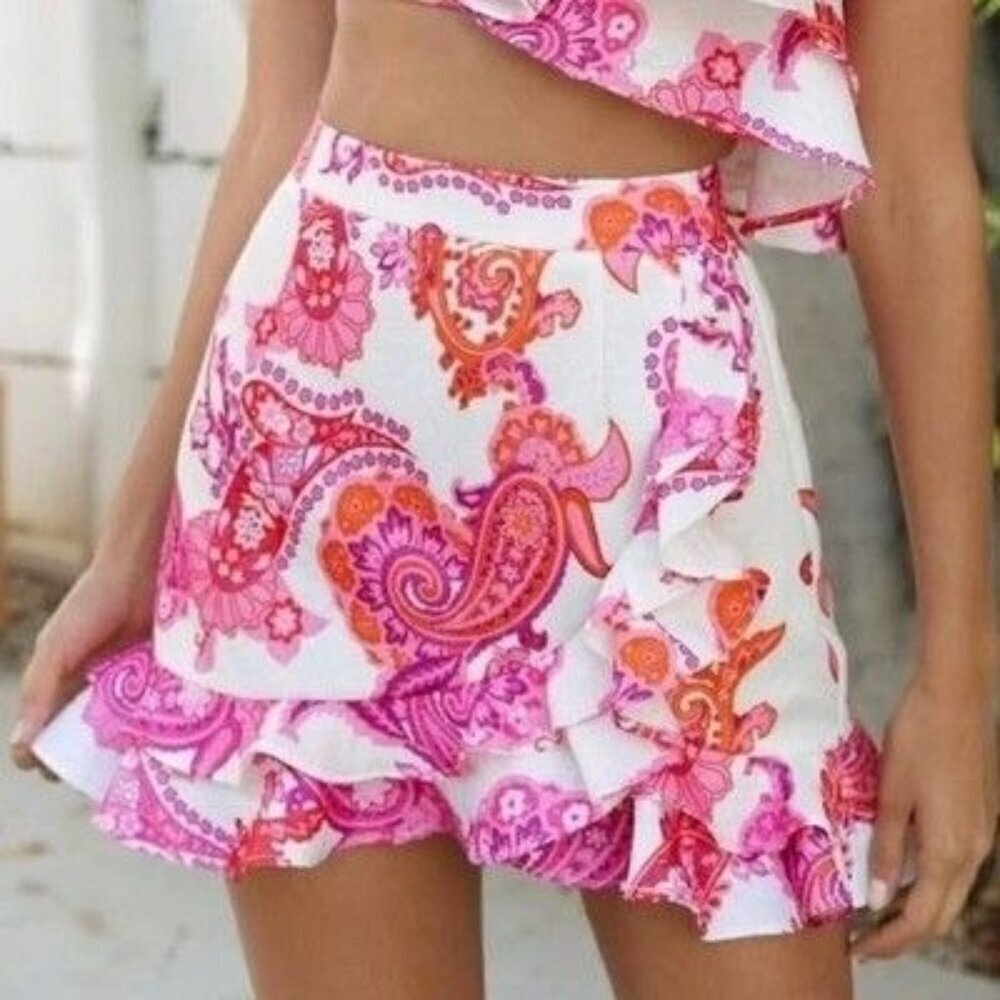 Shein White & Pink Paisley Print Flounce Mini Skirt 6